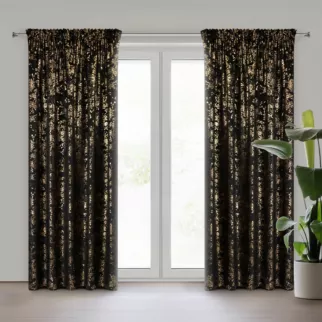Zasłona czarna zdobiona błyszczącym nadrukiem liści, welwetowa 140x270 cm taśma FELIS Eurofirany