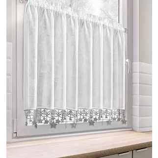 Zazdrostka świąteczna biało, srebrna z etaminy zdobiona luźno zwisającymi gwiazdkami 150x90 cm tunel - XMAS Eurofirany