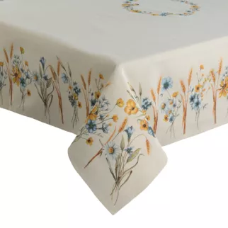 Obrus naturalno, jasnoniebieski 140x180 cm z grubszej tkaniny gobelinowej z nicią szenilową z motywem polnych kwiatów