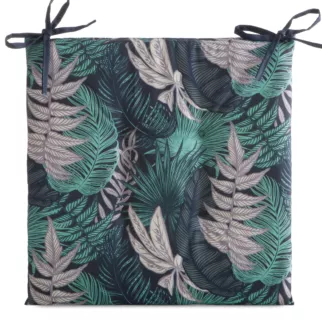 Poduszka na krzesło 43 x 43 x 4 cm wodoodporna granatowo, turkusowa zdobione motywem botanicznym GARDEN Eurofirany