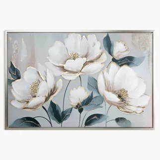 Obraz z kwiatami biało, niebieski ręcznie malowany na płótnie 60x90 cm  Eurofirany