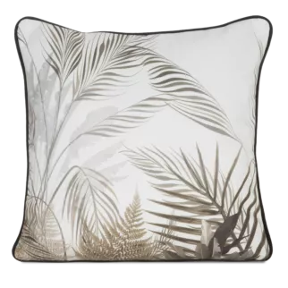 Poszewka na poduszkę 45x45 cm welwetowa z nadrukiem liści palmy i wypustką na brzegach biało beżowa EVA 17 B EVA MINGE Eurofirany