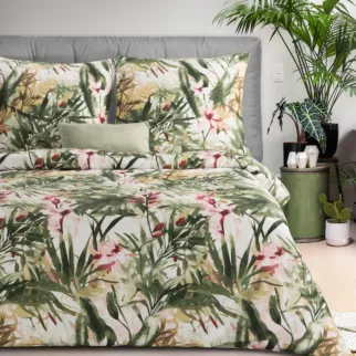 Pościel 140x200 cm z satyny bawełnianej kolor zielony, biały z botanicznym wzorem SPRING 43 Eurofirany