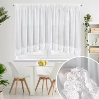 Firana biała z szyfonu zdobiona łukiem 3D róż 400x160 cm taśma - ROSES - Eva Minge Eurofirany