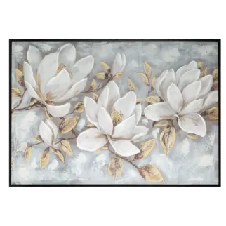 Obraz kremowo, beżowy ręcznie malowane magnolie na płótnie z błyszczącymi akcentami 70x140 cm Eurofirany