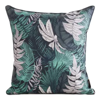 Poszewka na poduszkę 45x45 cm z tkaniny wodoodpornej na taras oraz balkon zdobiona motywem botanicznym granatowo, turkusowa GARDEN Eurofirany