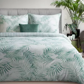 Pościel 220x200 cm komplet 3 częściowy z satyny bawełnianej kolor biało, miętowy zdobiona nadrukiem egzotycznym RAYA 3 Eurofirany