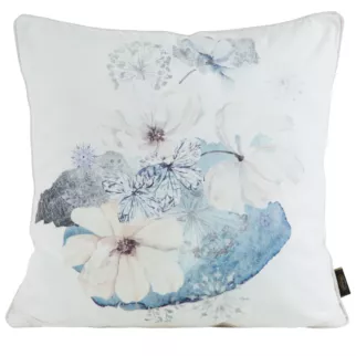 Poszewka na poduszkę 45x45 cm welwetowa, dwustronna z motywem kwiatów z wypustką na brzegach kremowo, niebieska VELVET 125 EUROFIRANY PREMIUM
