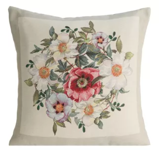Poszewka na poduszkę 45x45 cm bawełniana, gobelinowa z kwiatowym motywem naturalno, czerwona GOB Eurofirany