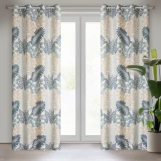 Zasłona naturalno, niebieska ze wzorem liści, w stylu eko 140x250 cm przelotka Lenny Eurofirany