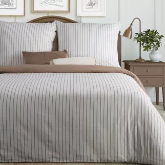 Pościel 140x200 cm komplet 2 częściowy z satyny bawełnianej kolor biało, beżowy w paseczki RAYA Eurofirany