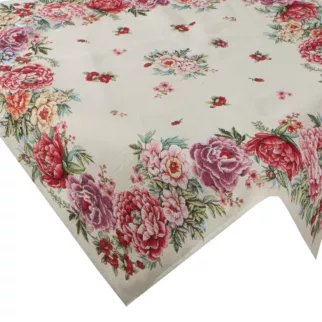 Obrus naturalno, różowy 100x100 cm gobelinowy zdobiony motywem kwiatów