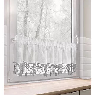 Zazdrostka świąteczna biało, srebrna z etaminy zdobiona luźno zwisającymi gwiazdkami 150x30 cm tunel - XMAS Eurofirany