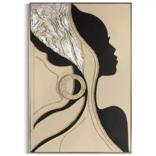 Obraz beżowo, czarny ręcznie malowany z motywem sylwetki kobiety oprawiony w ramę 82x122 cm Eurofirany