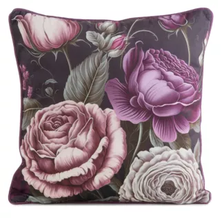 Poszewka na poduszkę 45x45 cm welwetowa, dwustronna z motywem kwiatów z wypustką na brzegach fioletowo, czarna EUROFIRANY PREMIUM