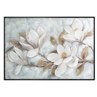 Obraz kremowo, beżowy ręcznie malowane magnolie na płótnie z błyszczącymi akcentami 70x140 cm Eurofirany
