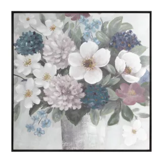 Obraz kremowo, zielony ręcznie malowane kwiaty na płótnie z błyszczącymi akcentami 80x80 cm Eurofirany