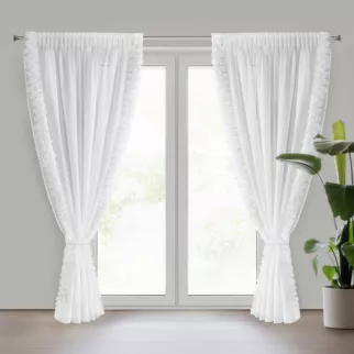 Firana biała z szyfonu zdobiona na brzegach pasem 3D róż z troczkiem w zestawie 140x270 cm taśma - ROSES Eva Minge Eurofirany