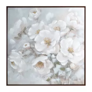 Obraz kremowo, błękitny ręcznie malowany w bukiet subtelnych kwiatów na płótnie 80x80 cm Eurofirany