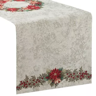 Bieżnik gobelinowy kremowy z tkanym wzorem kwiatów gwiazdy betlejemskiej na Boże Narodzenie 40x100 cm Eurofirany