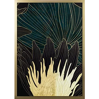 Obraz roślinny zielony z nadrukiem liści i kwiatów w złotej ramce 53x73 cm