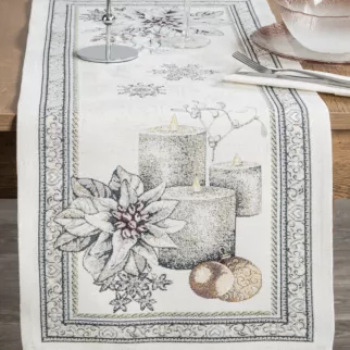 Bieżnik na stół popielato, srebrny 40x100 cm gobelinowy CANDL z mieszanki włókien zdobiony wzorem świątecznym
