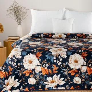 Narzuta welwetowa granatowo, kremowa 170x210 cm zdobiona nadrukiem kwiatów FIORA Eurofirany