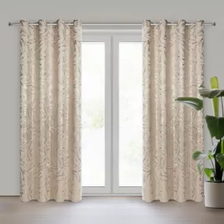 Zasłona beżowo, szampańska zdobiona nadrukiem liści 140x250 cm złota przelotka - MILENA Eurofirany