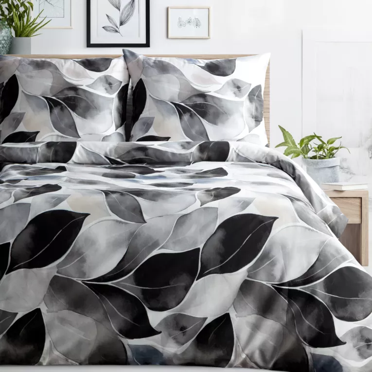 Pościel 220x200 cm z satyny bawełnianej kolor biały, grafitowy z motywem roślinnym SPRING 75 Eurofirany