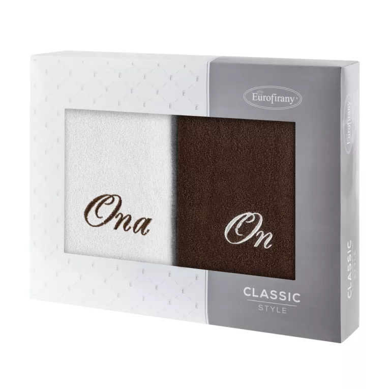 Zestaw ręczników bawełnianych 2 szt 70x140 cm z haftem ONA I ON kolor kremowy,brązowy 400 g/m2 Eurofirany
