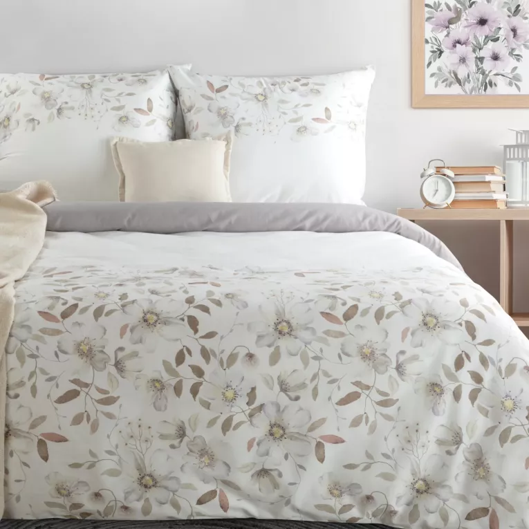 Pościel 160x200 cm komplet 3 częściowy satyna bawełniana kolor popielato, biały zdobiony motywem kwiatów  SPRING 106 Eurofirany
