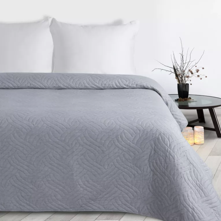 Narzuta imitująca len srebrna 170x210 cm pikowana metodą hot press w geometryczny wzór  LEN Design 91 Eurofirany