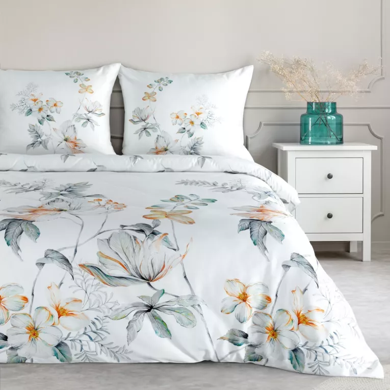 Pościel 220x200 cm bawełniana kolor biały, pomarańczowy z wzorem roślinnym AMELIA Eurofirany Premium