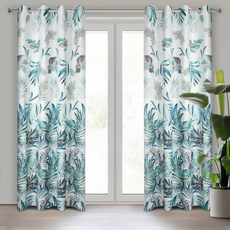 Zasłona granatowo, turkusowa zdobiona nadrukiem roślinnym 140x250 przelotka PILAR Eurofirany