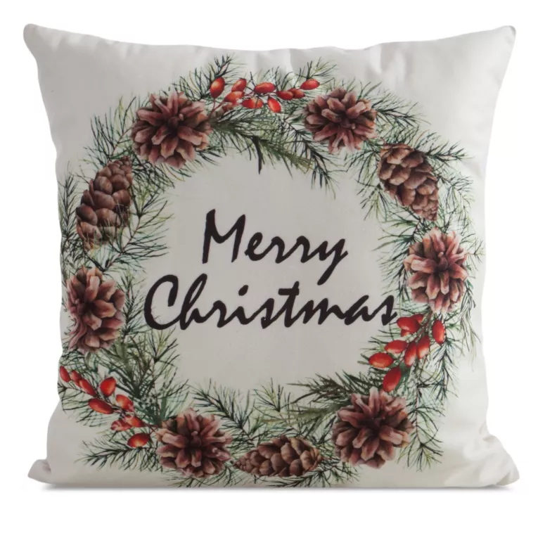 Poszewka na poduszkę świąteczna 45x45 cm welwetowa biało, brązowa zdobiona uroczym nadrukiem Eurofirany