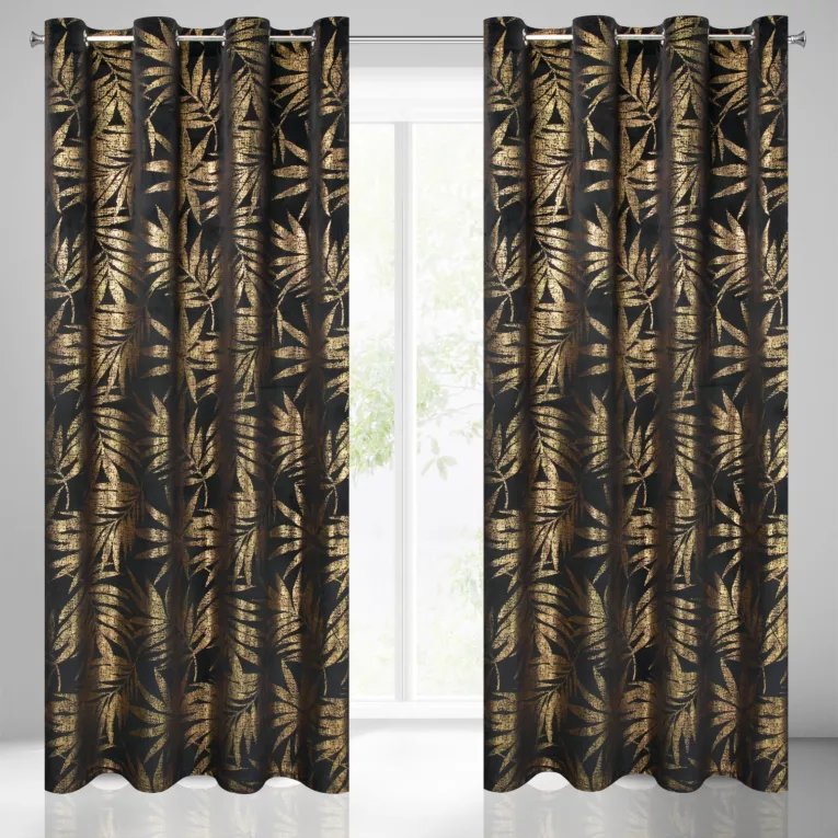 ELENA CZARNA ZASŁONA WELWETOWA W ZŁOTE LIŚCIE NA PRZELOTKACH 140x250 cm