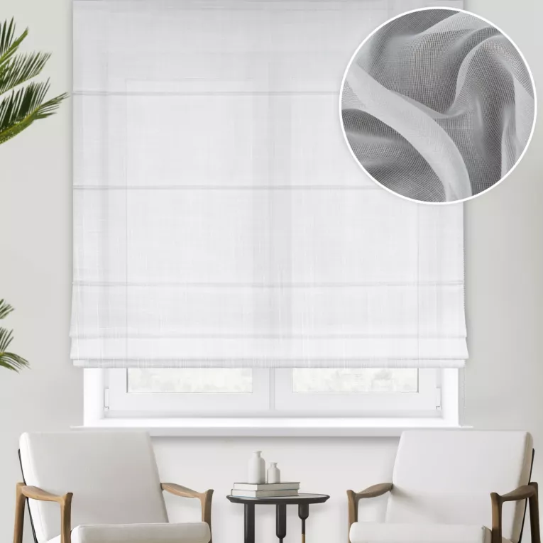 Roleta rzymska biała z matowej etaminy wykończonej obciążnikiem