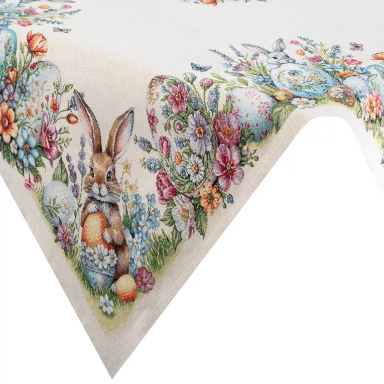 Wielkanocny obrus naturalno, niebieski 100x100 cm gobelinowy zdobiony tkanym motywem zajączka Eurofirany