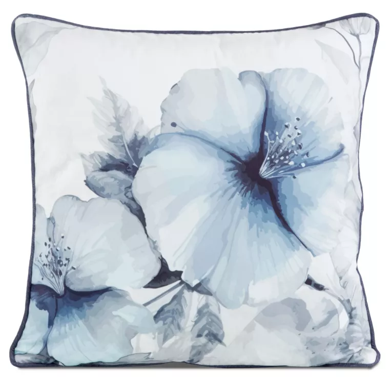 Poszewka na poduszkę 45x45 cm welwetowa, dwustronna z motywem kwiatów z wypustką na brzegach niebisko, kremowa VELVET 141 EUROFIRANY PREMIUM