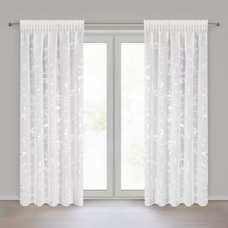 Dekoracja okienna biało, srebrna z etaminy zdobiona błyszczącym marmurkowym wzorem 140x270 cm taśma ALINA Eurofirany