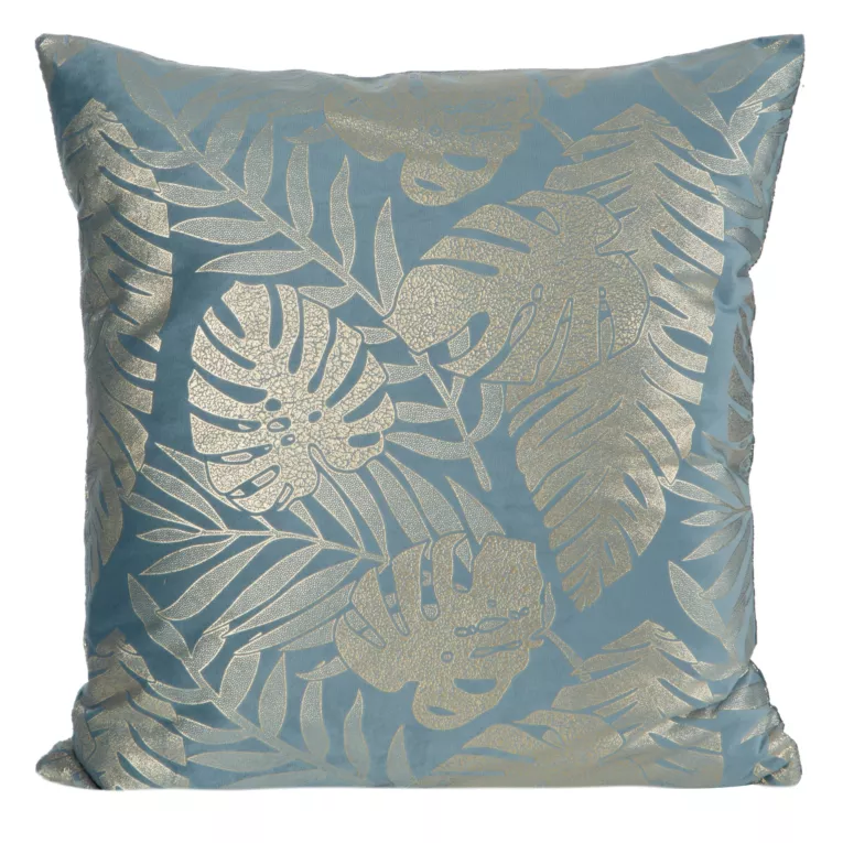 Poszewka na poduszke 45x45 cm welwetwa zdobiona błyszczącym nadrukiem egzotycznych liści niebiesko, złota VELVET 72 EUROFIRANY PREMIUM