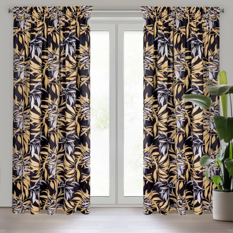Zasłona czarno, beżowa w stylu botanic z welwetu 140x270 taśma ZOJA Pierre Cardin Eurofirany