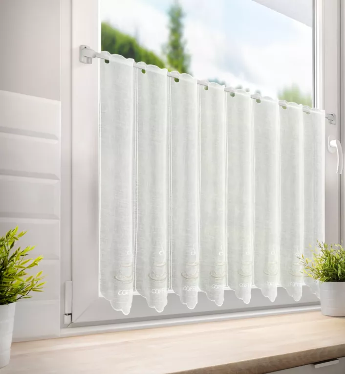 Tkanina firanowa zazdrostka zdobiona haftem filiżanki kawy