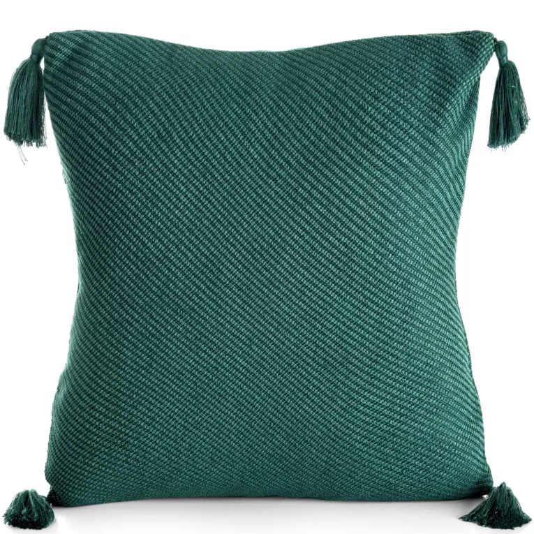 Poszewka na poduszkę 45x45 cm gładka z ozdobnymi chwostami na rogach ciemnozielona POLY Eurofirany