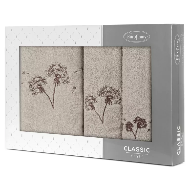 Zestaw ręczników bawełnianych 3 szt kolor beżowy, brązowy z haftem dmuchawca 400 g/m2 MOLI Eurofirany