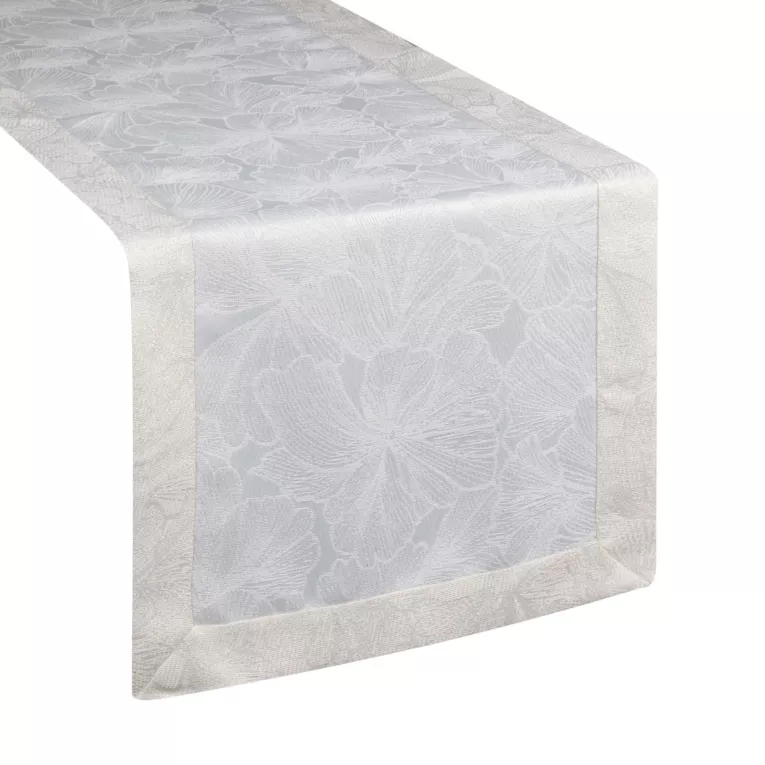 Bieżnik na stół kremowo, złocisty 40x180 cm LENA z żakardowym motywem liści miłorzębu i ozdobną kantą