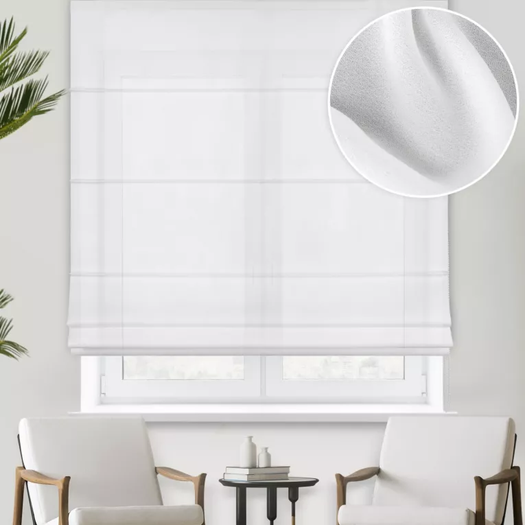 Roleta rzymska AURELL biała z jedwabiście miękkiej matowej krepy, wykończona obciążnikiem