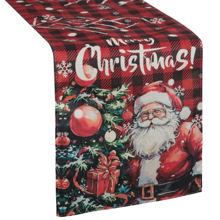 Bieżnik świąteczny na stół 33x183 cm czerwono, zielony zdobiony uroczym nadrukiem Mikołaja Eurofirany