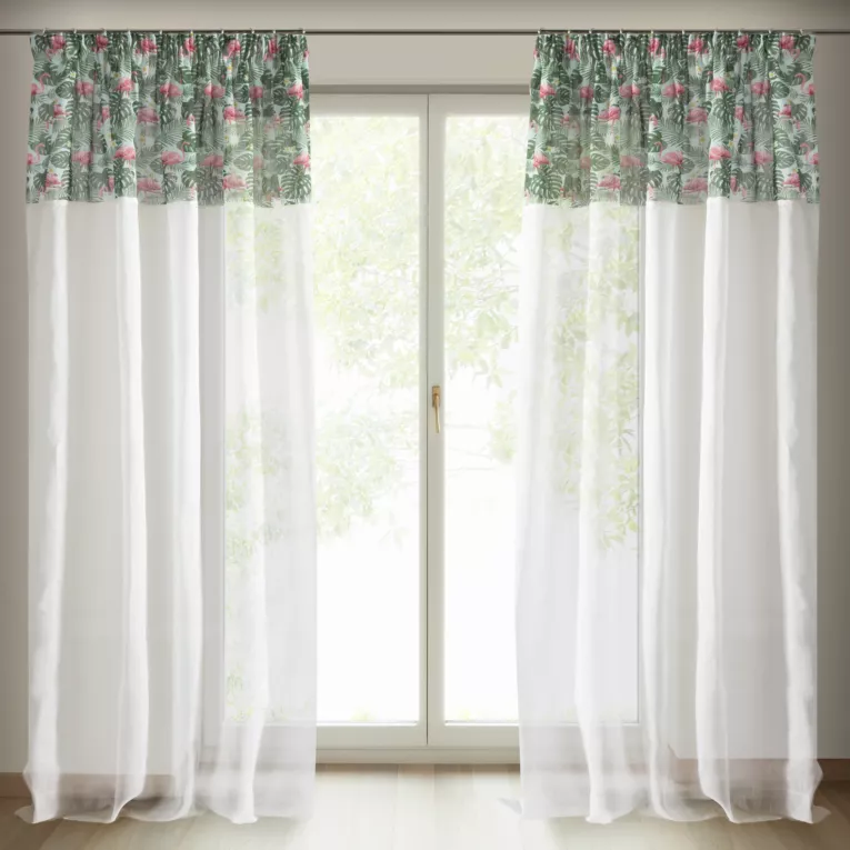 Zasłona biało, zielona zdobiona aplikacją i koronką 140x250 taśma BOTANIC Eurofirany