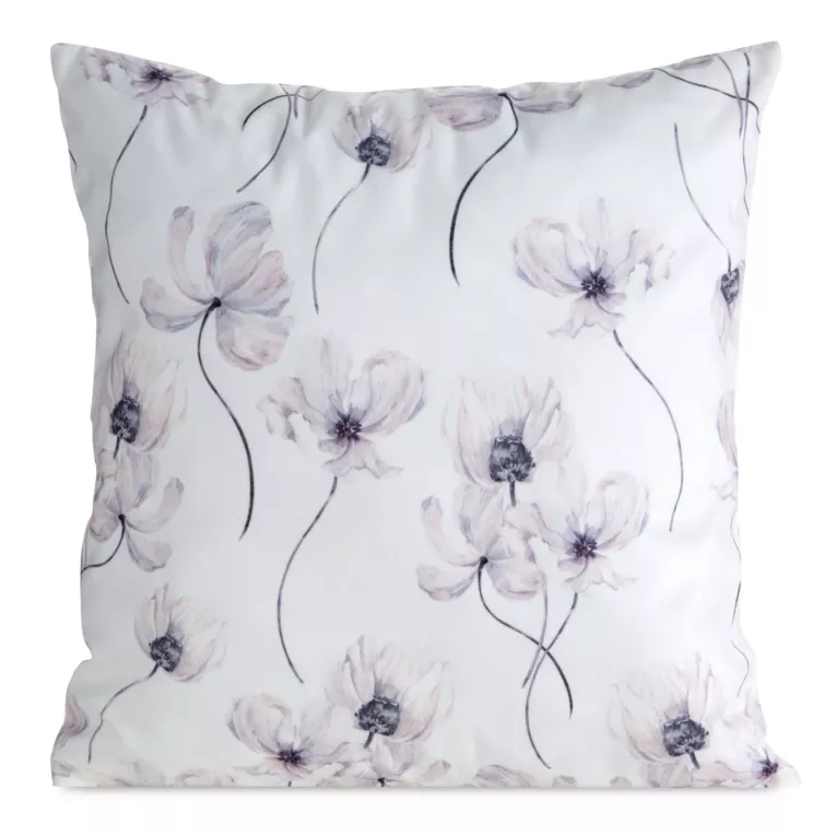 Poszewka na poduszkę 45x45 cm welwetowa zdobiona nadrukiem letnich kwiatów biało, beżowa MINK Eurofirany